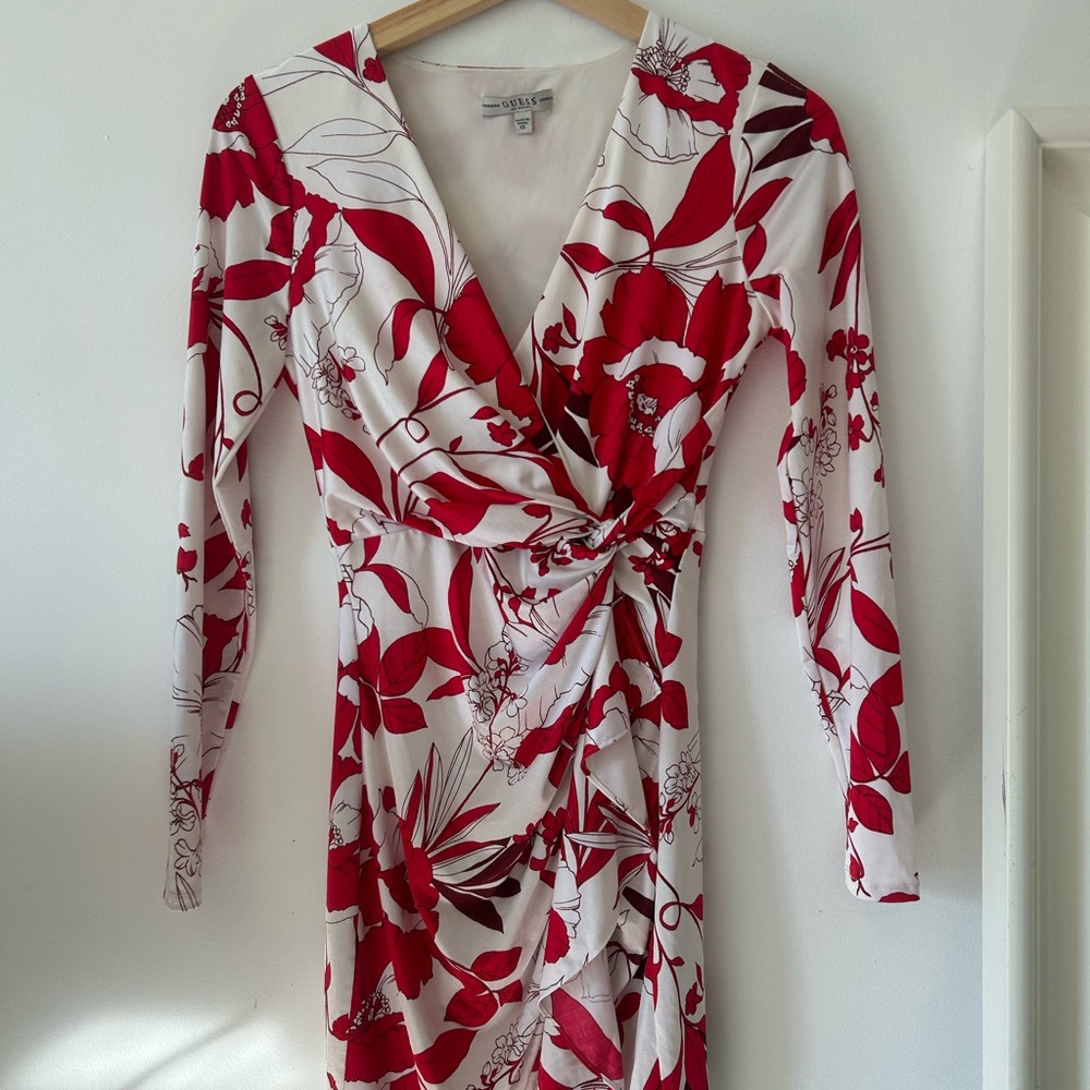 Elegant Red and White Floral Wrap Dress